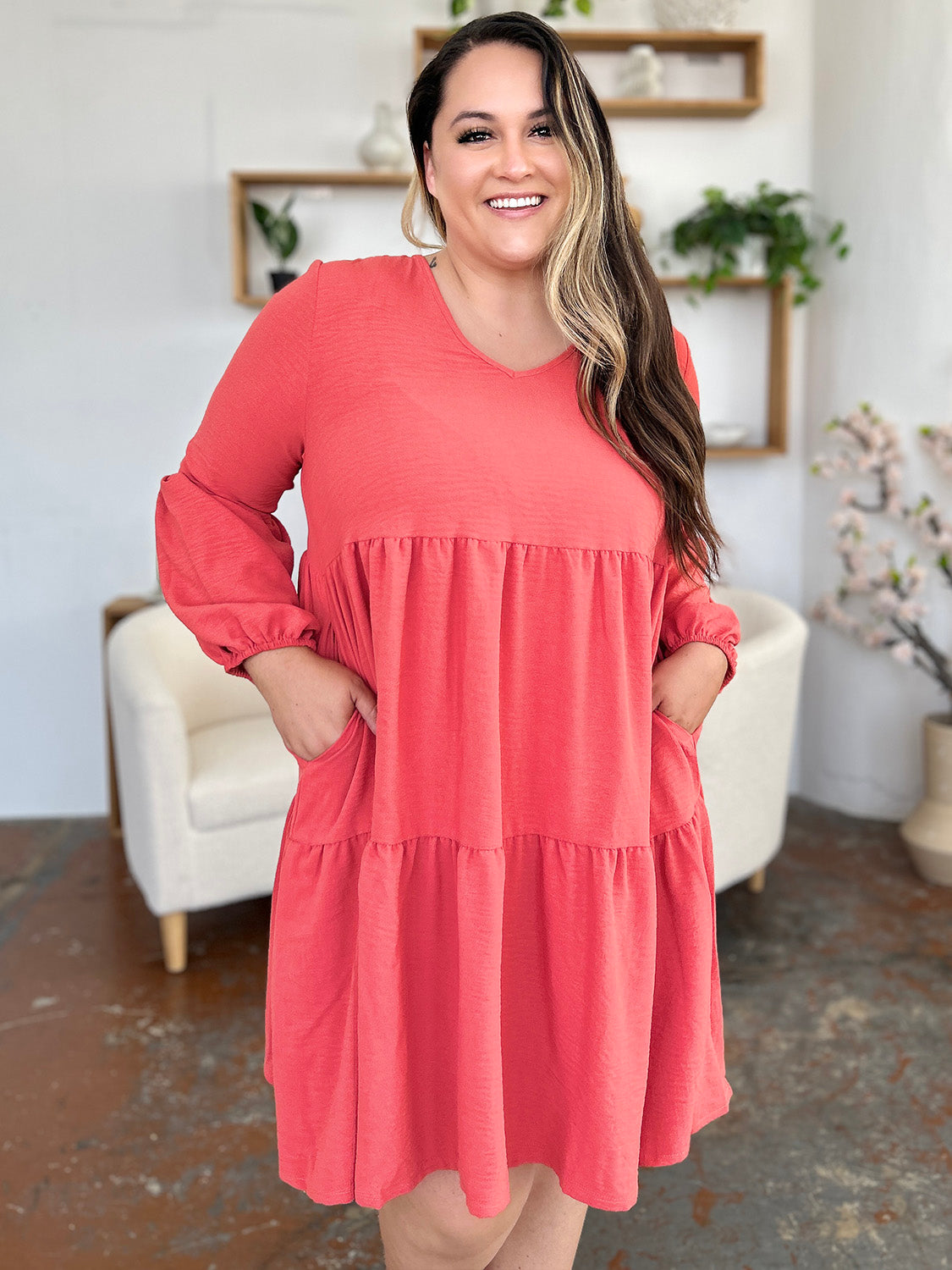 V-Neck Balloon Sleeve Tiered Dress with Pockets- 5 Colors (Pink, Coral, Black, Light Green, Light Blue)