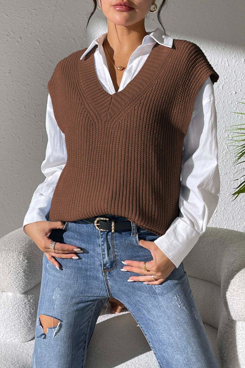 V-Neck Sweater Vest- 5 Colors (Light Blue, Chocolate, Black, Beige, Ivory)