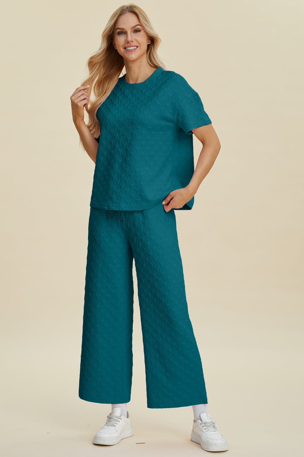 Texture Round Neck Short Sleeve Top and Pants Set- 4 Colors (Dark Green, Pink, Cerulean, Black)