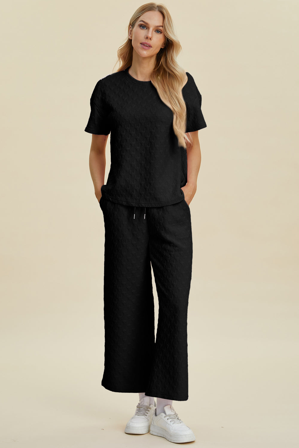 Texture Round Neck Short Sleeve Top and Pants Set- 4 Colors (Dark Green, Pink, Cerulean, Black)