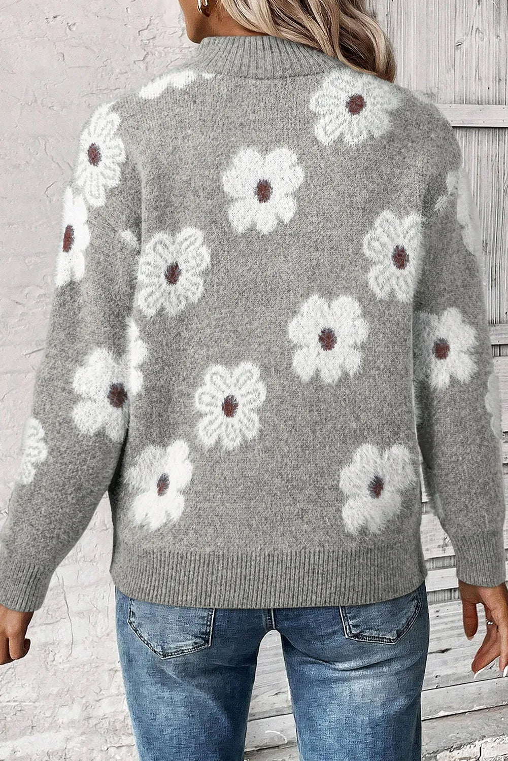 4 Colors- Floral Half Zip Long Sleeve Sweater