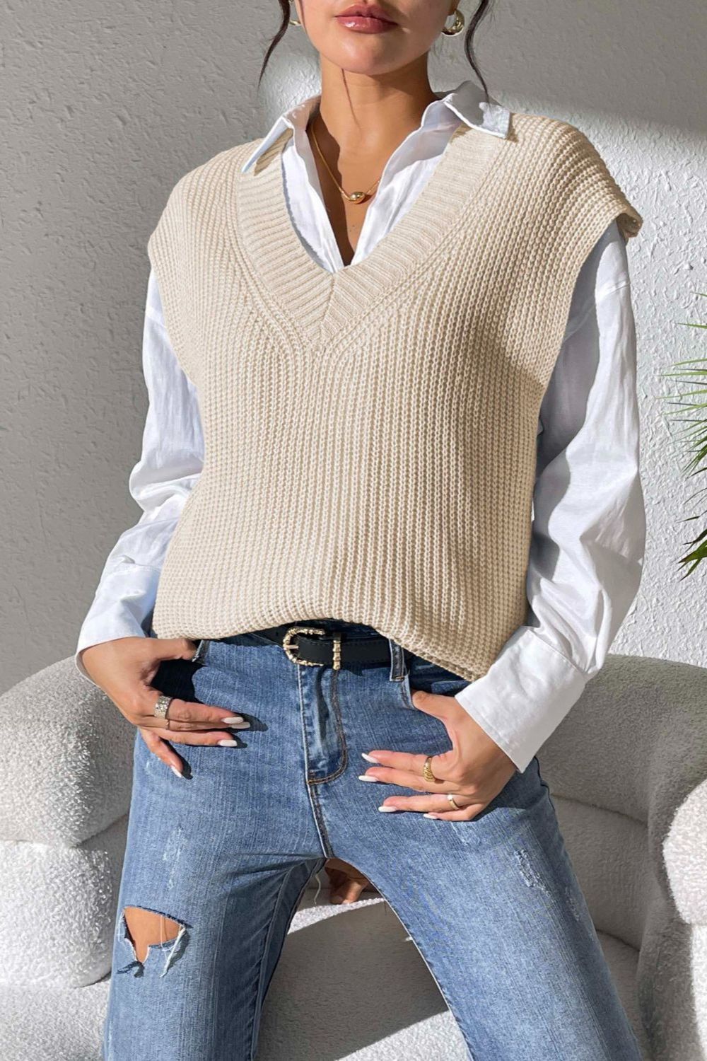 V-Neck Sweater Vest- 5 Colors (Light Blue, Chocolate, Black, Beige, Ivory)