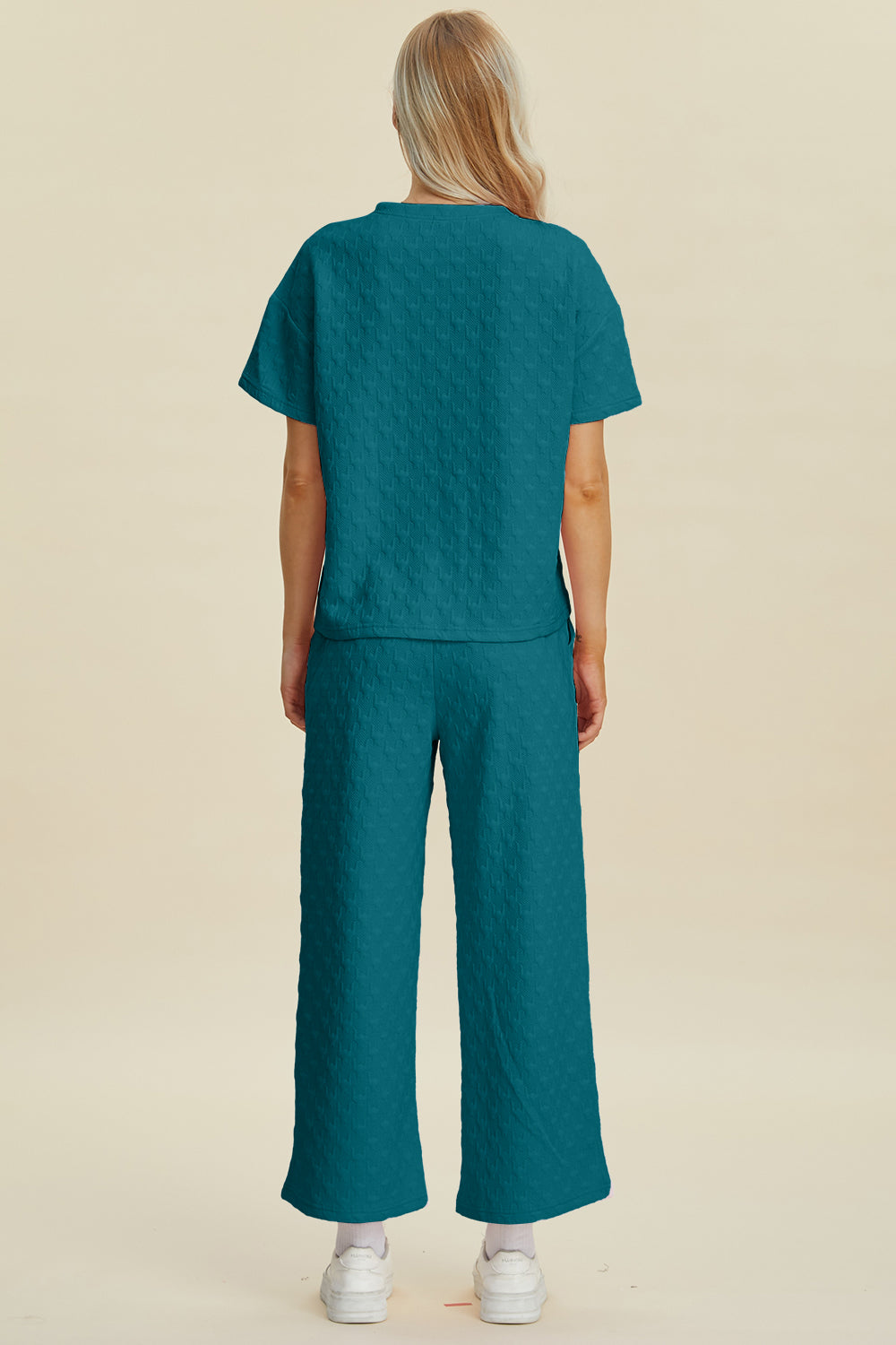 Texture Round Neck Short Sleeve Top and Pants Set- 4 Colors (Dark Green, Pink, Cerulean, Black)