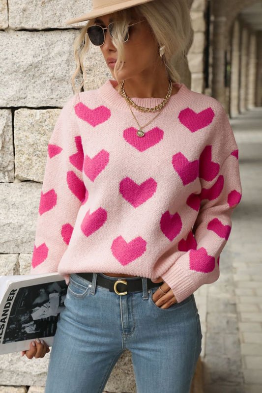 Heart Pattern Dropped Shoulder Sweater- 3 Colors (Pink, Tan, Blush)