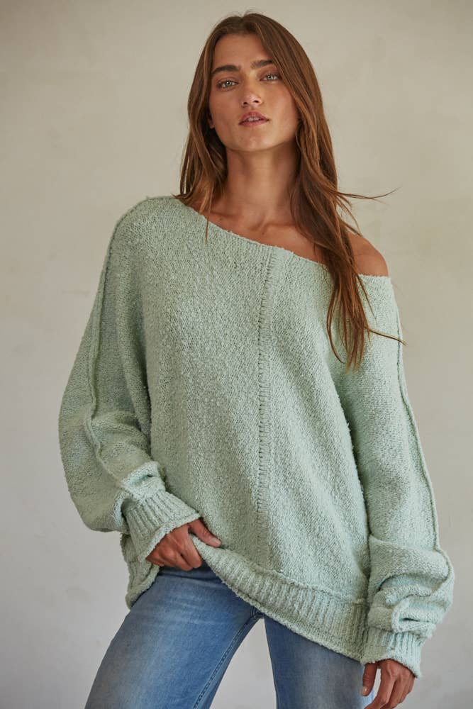 W1768 | Knit Sweater Cotton Nylon Boat Neck Pullover: Dusty Mint / S