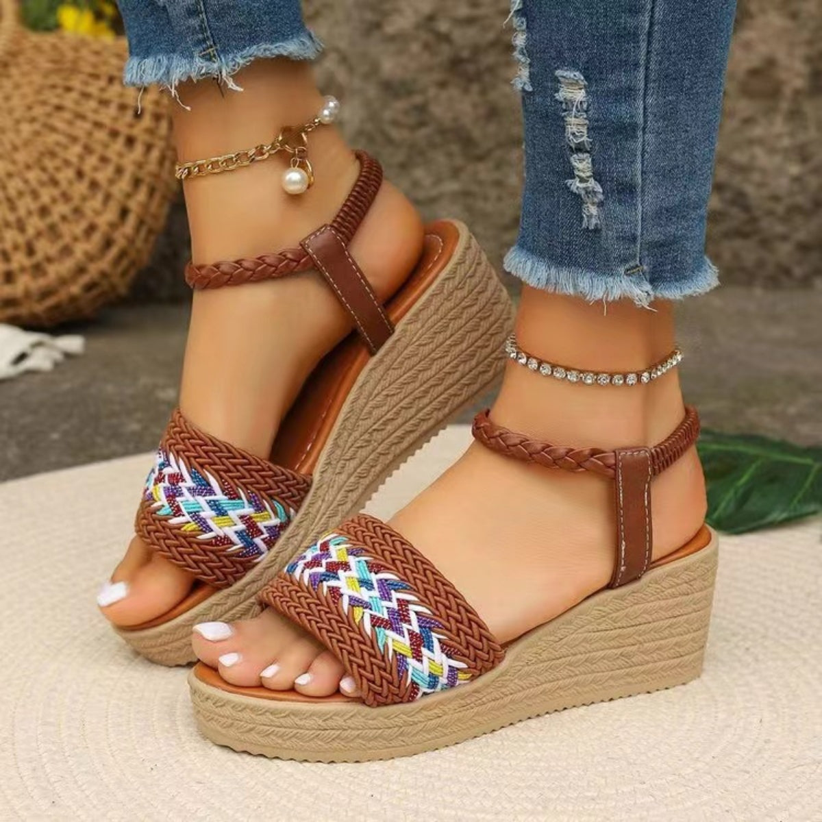 2 Colors- Open Toe Wedge Woven Sandals