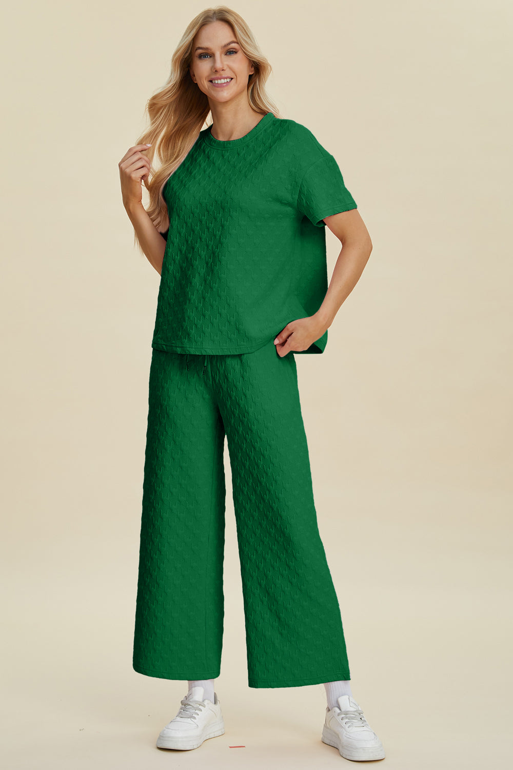 Texture Round Neck Short Sleeve Top and Pants Set- 4 Colors (Dark Green, Pink, Cerulean, Black)