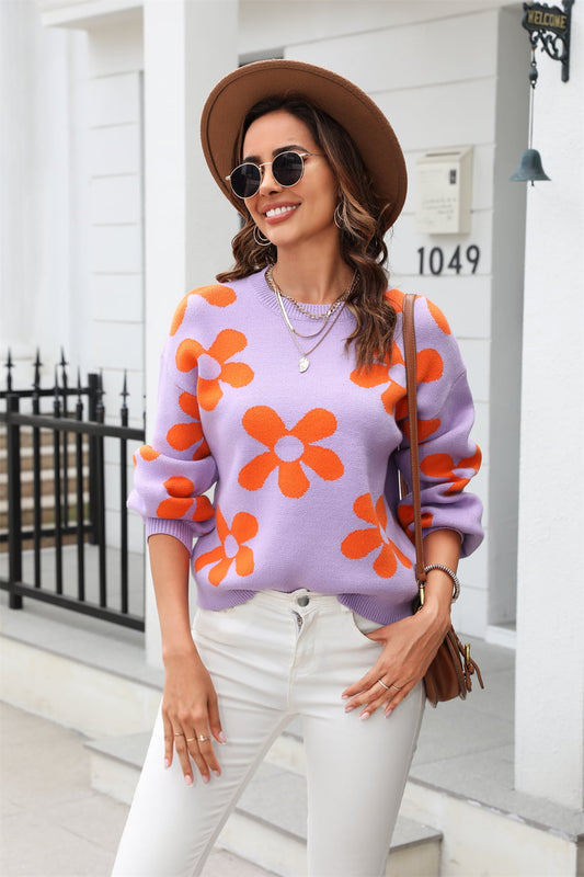 Floral Print Dropped Shoulder Pullover Sweater- 5 Colors (Lavender, White, Orange, Pink, Yellow)