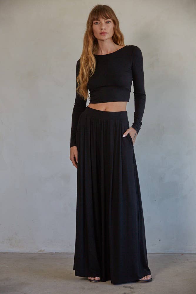 RJ3129 | Knit Polyester Spandex Wide Leg Pants: Black / S