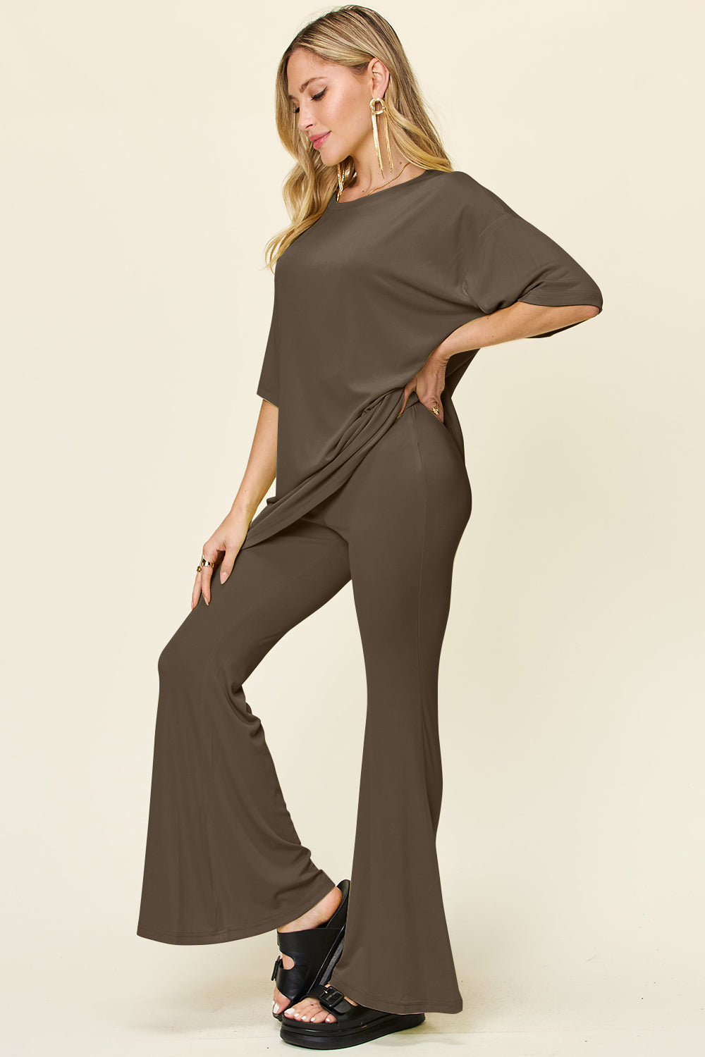 Drop Shoulder T-Shirt and Flare Pants Set- 6 Colors (Black, Mocha, Dusty Pink, Light Grey, Lavender, Deep Red)