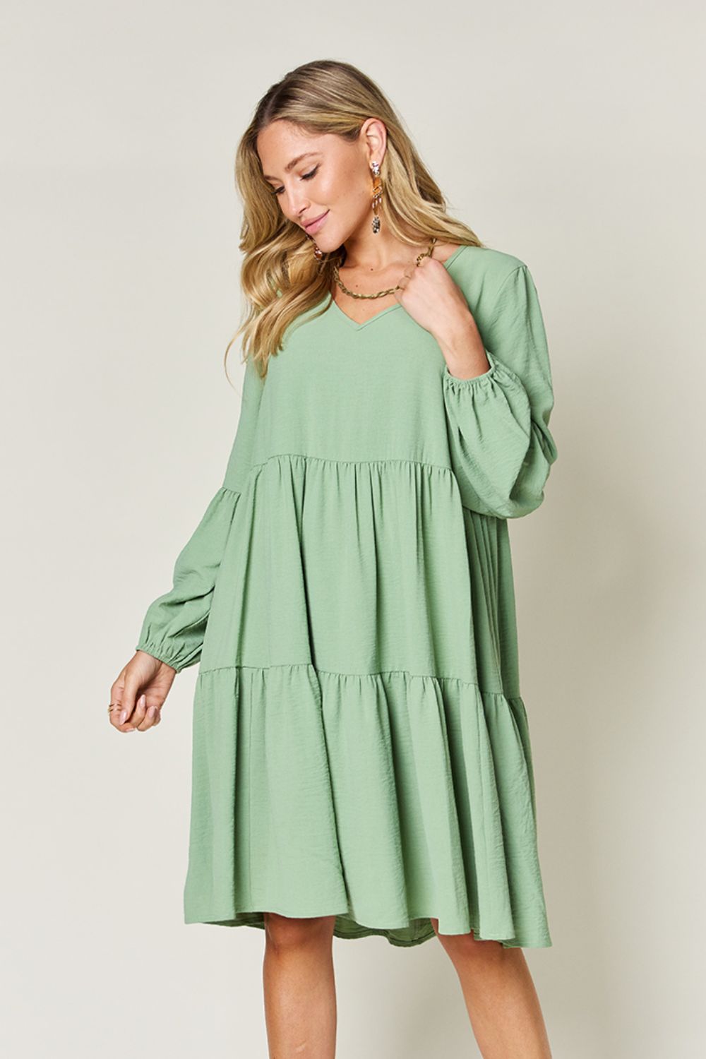 V-Neck Balloon Sleeve Tiered Dress with Pockets- 5 Colors (Pink, Coral, Black, Light Green, Light Blue)