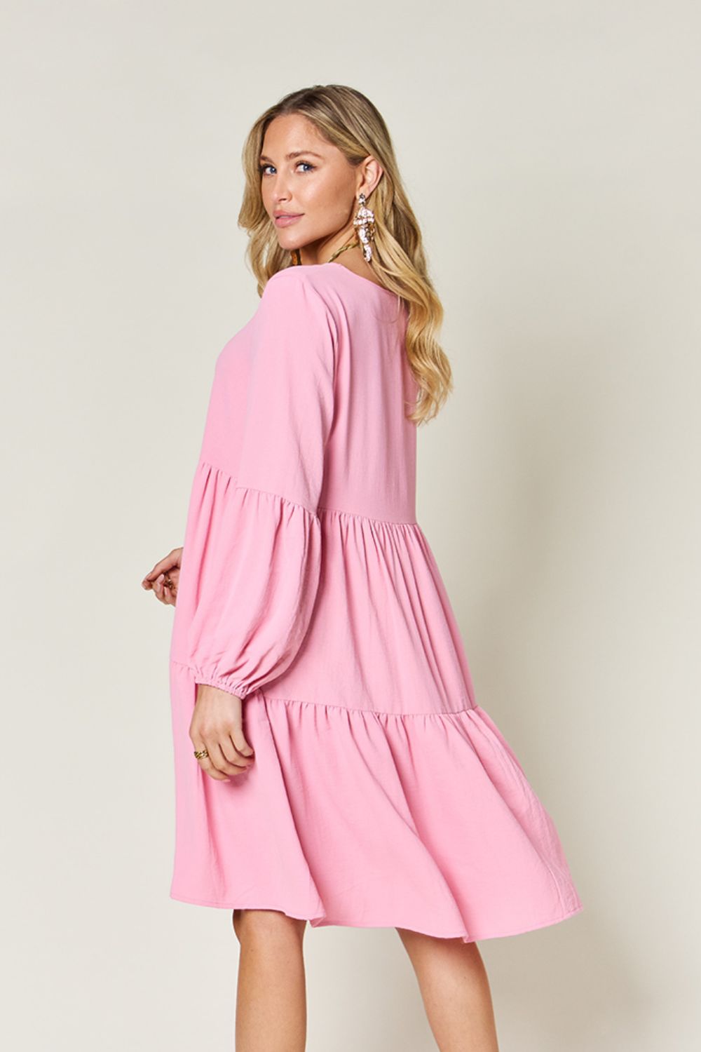 V-Neck Balloon Sleeve Tiered Dress with Pockets- 5 Colors (Pink, Coral, Black, Light Green, Light Blue)