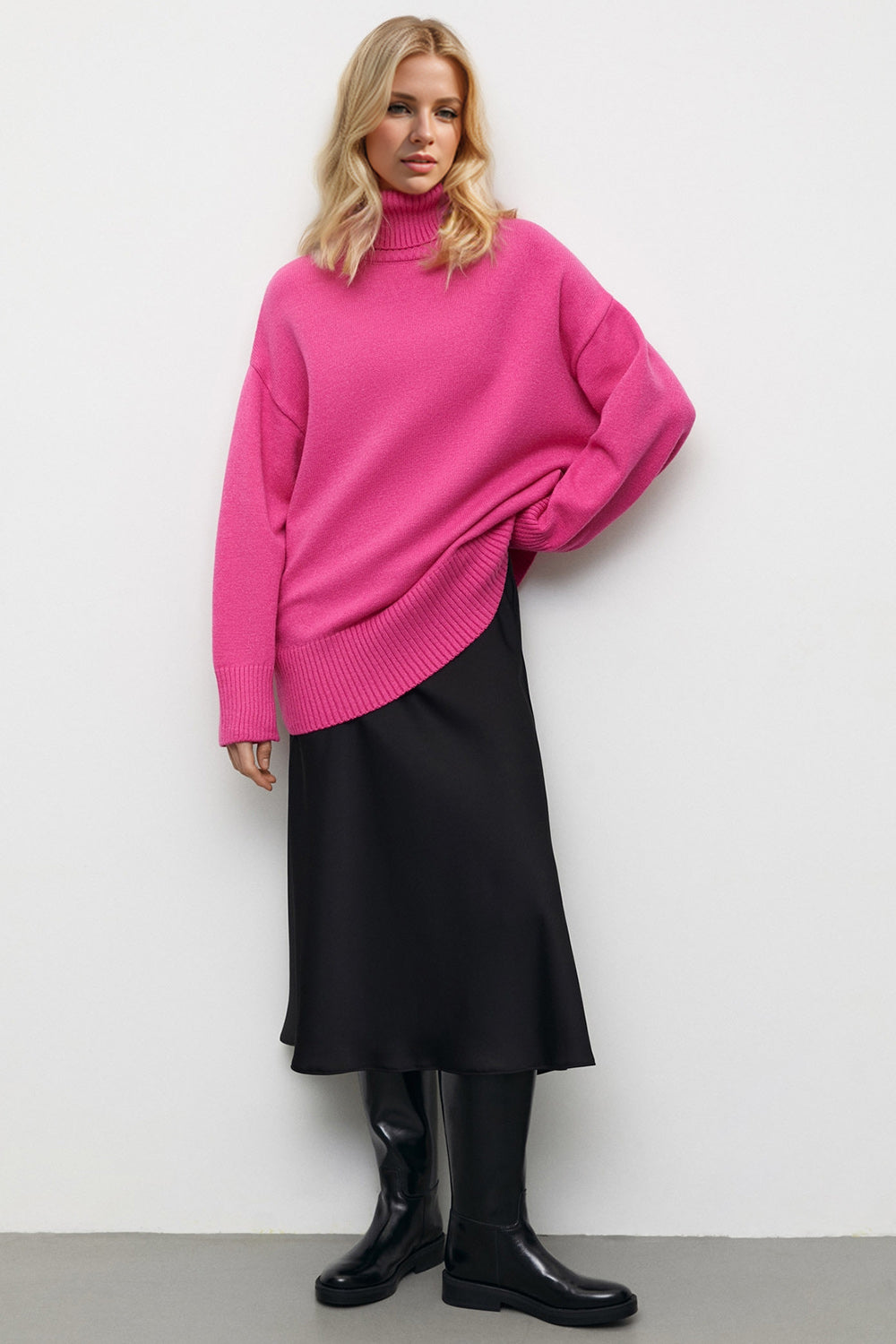 Turtleneck Dropped Shoulder Sweater- 3 Colors (Hot Pink, Blush, White)