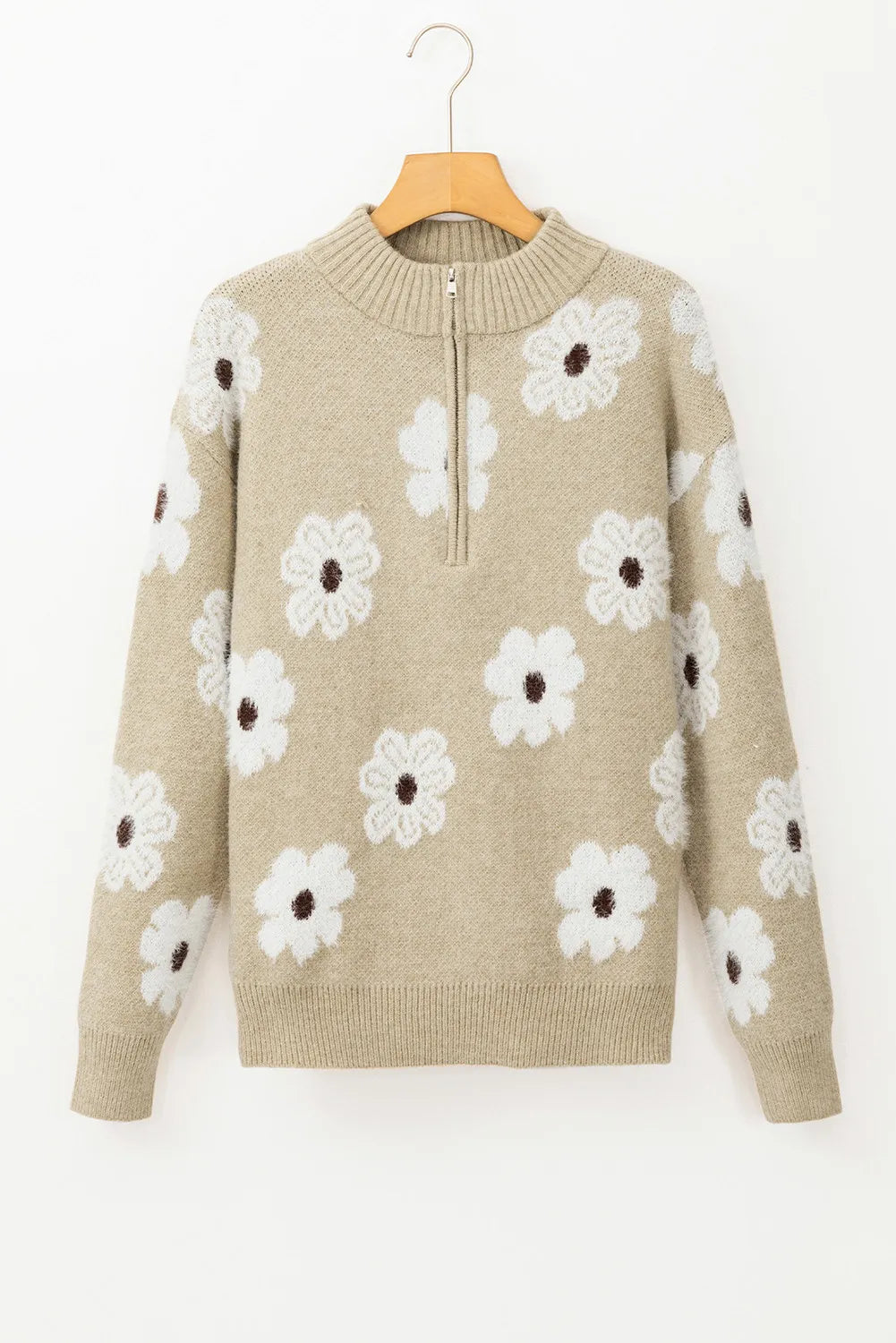 4 Colors- Floral Half Zip Long Sleeve Sweater