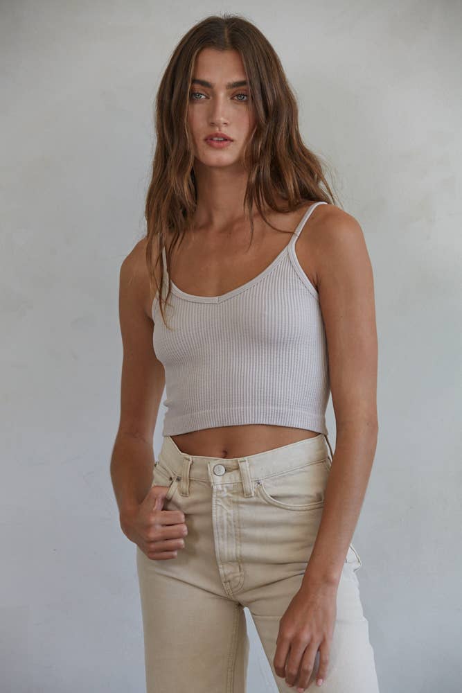 S1072 | Knit Ribbed Seamless UV Neck Brami: Chalk / ML