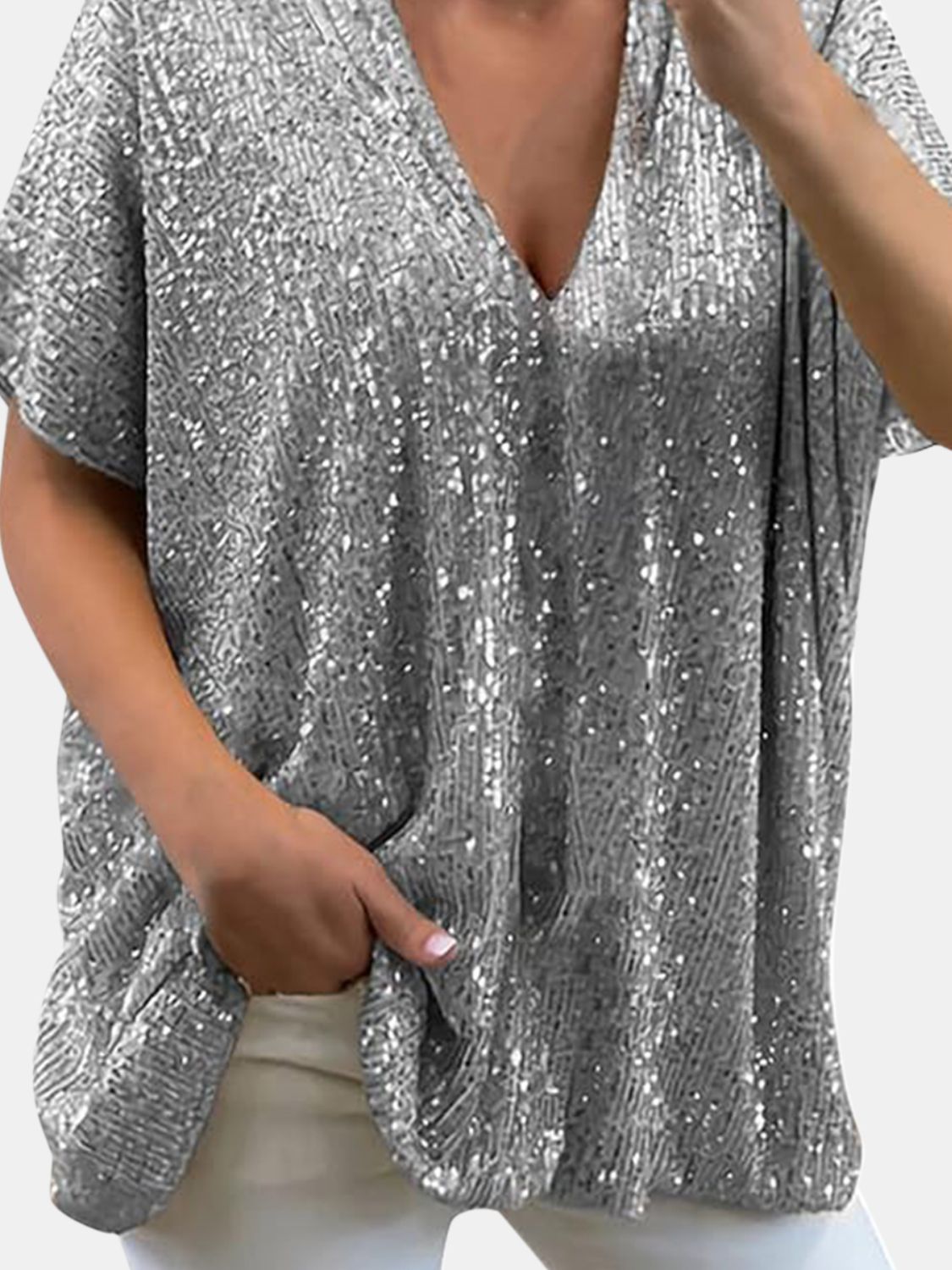 Sequin V-Neck Top - 9 Colors - Champagne, Silver, Rose Gold, Black, Ruby, Brass, Sapphire, Deep Rose, Amethyst