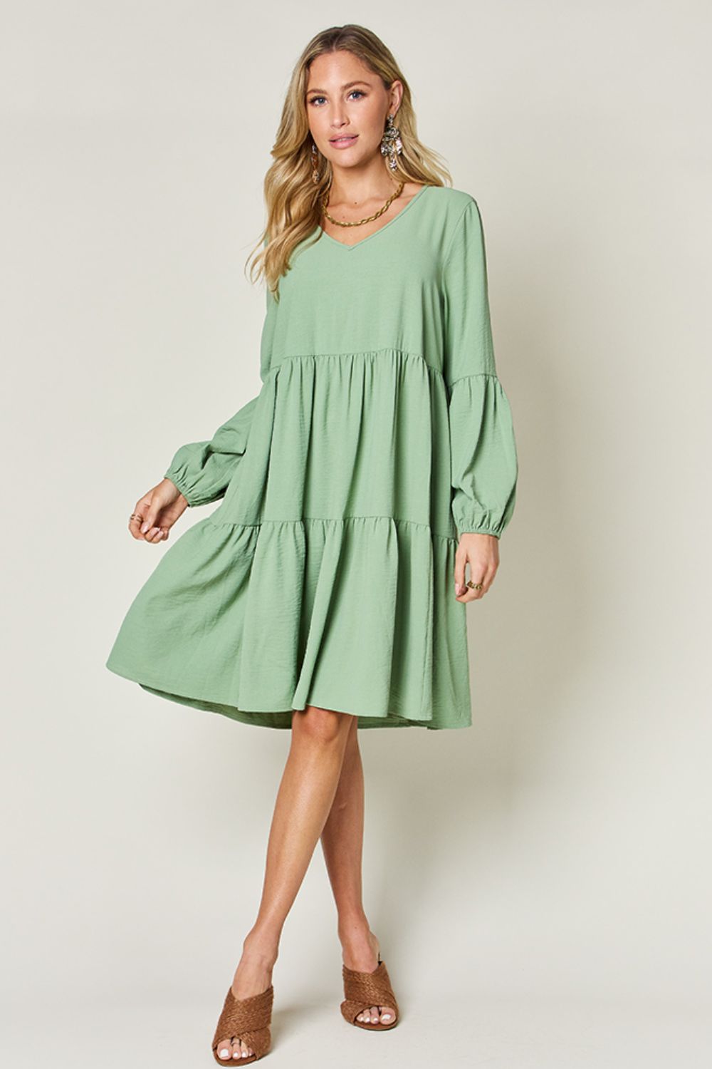 V-Neck Balloon Sleeve Tiered Dress with Pockets- 5 Colors (Pink, Coral, Black, Light Green, Light Blue)