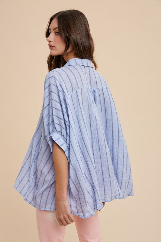 Annie Wear Striped Button Up Top- Baby Blue