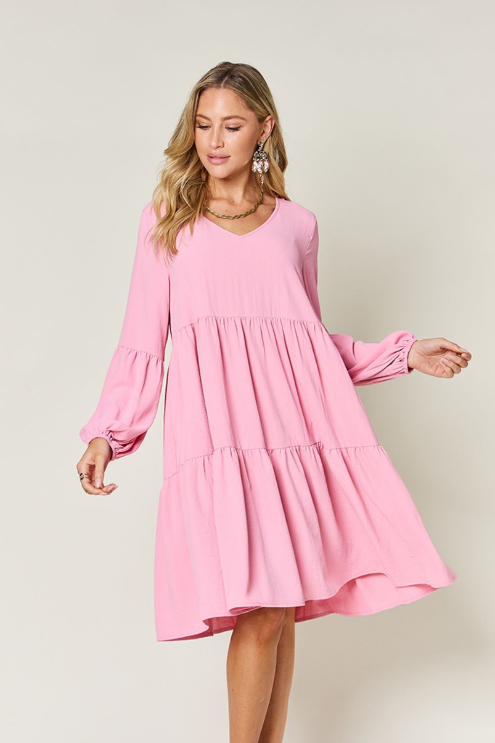 V-Neck Balloon Sleeve Tiered Dress with Pockets- 5 Colors (Pink, Coral, Black, Light Green, Light Blue)