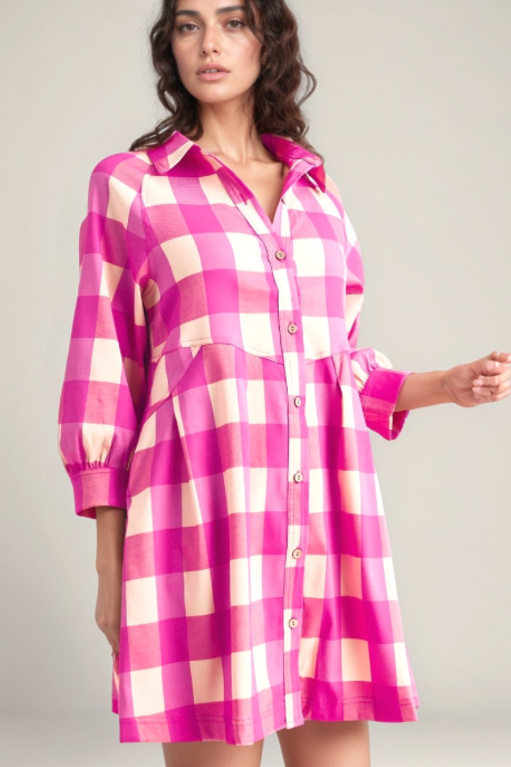 Ruched Plaid Three-Quarter Sleeve Shirt Dress