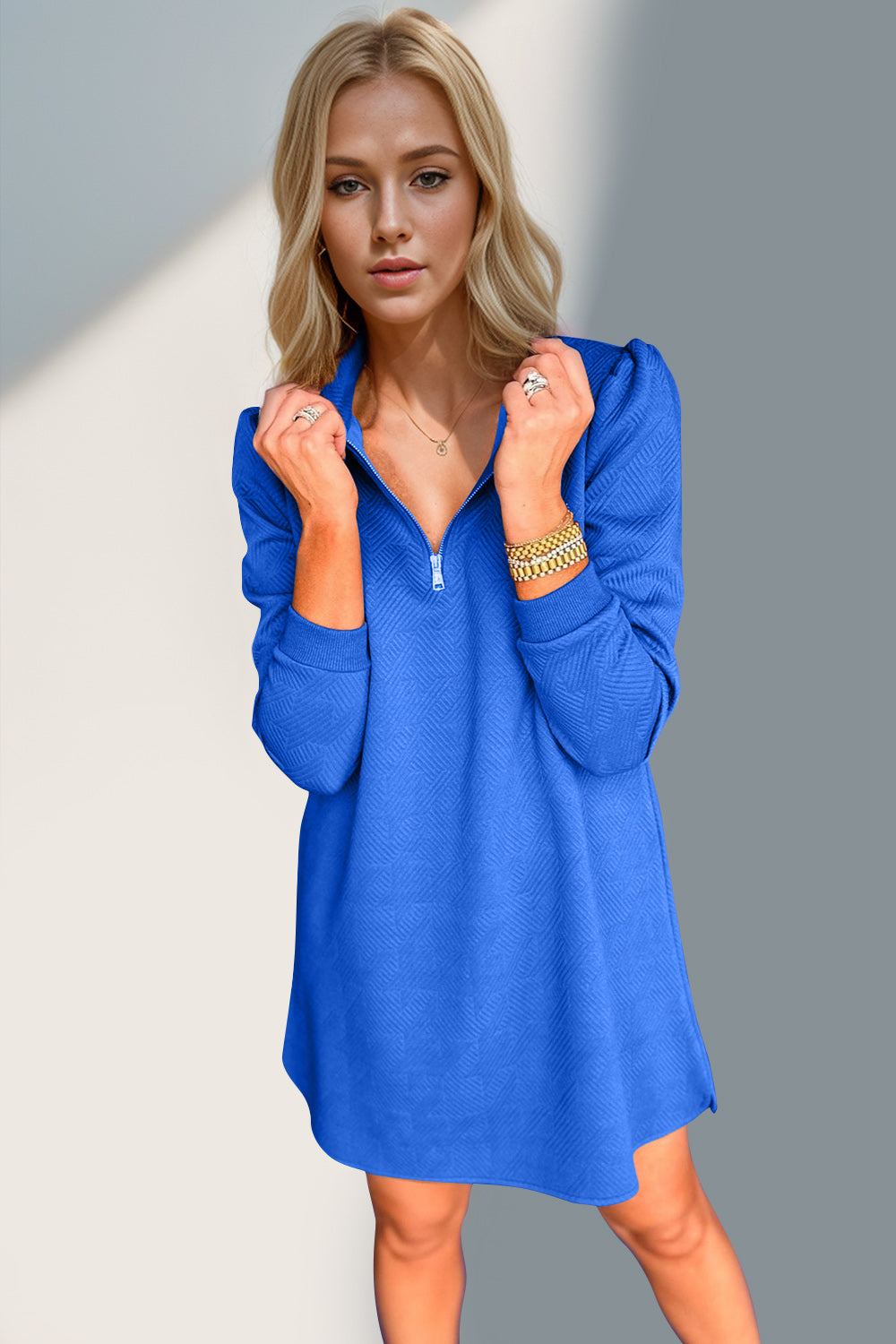 Textured Quarter Zip Long Sleeve Dress- 5 Colors (Blue, Lavender, Khaki, Green, Cream)