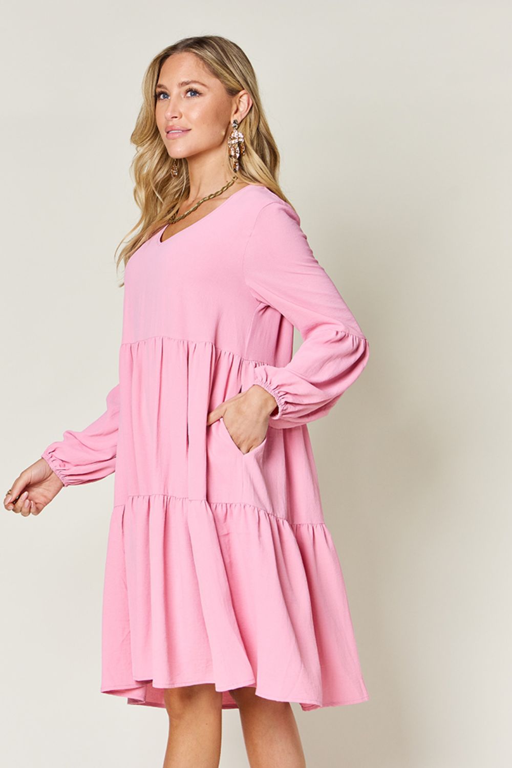 V-Neck Balloon Sleeve Tiered Dress with Pockets- 5 Colors (Pink, Coral, Black, Light Green, Light Blue)