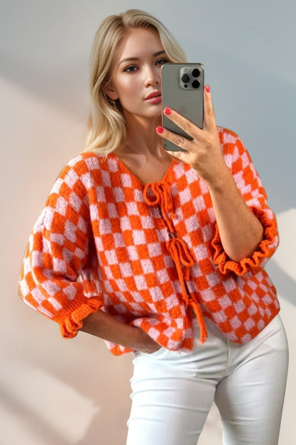 Tied Checkered Dropped Shoulder Cardigan- 7 Colors