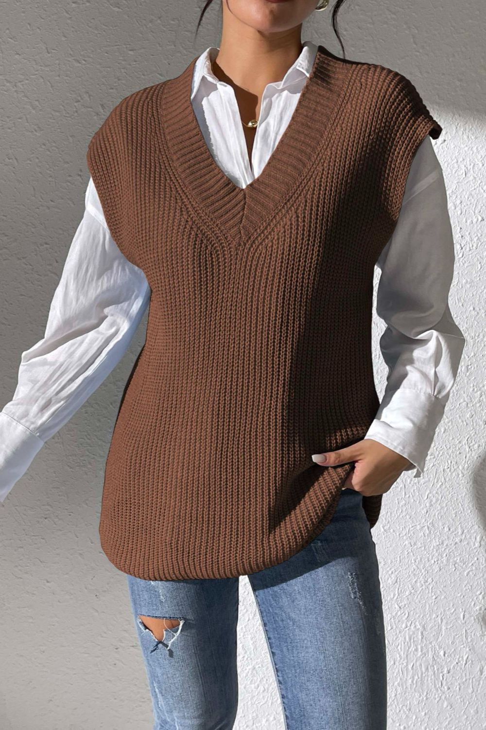 V-Neck Sweater Vest- 5 Colors (Light Blue, Chocolate, Black, Beige, Ivory)