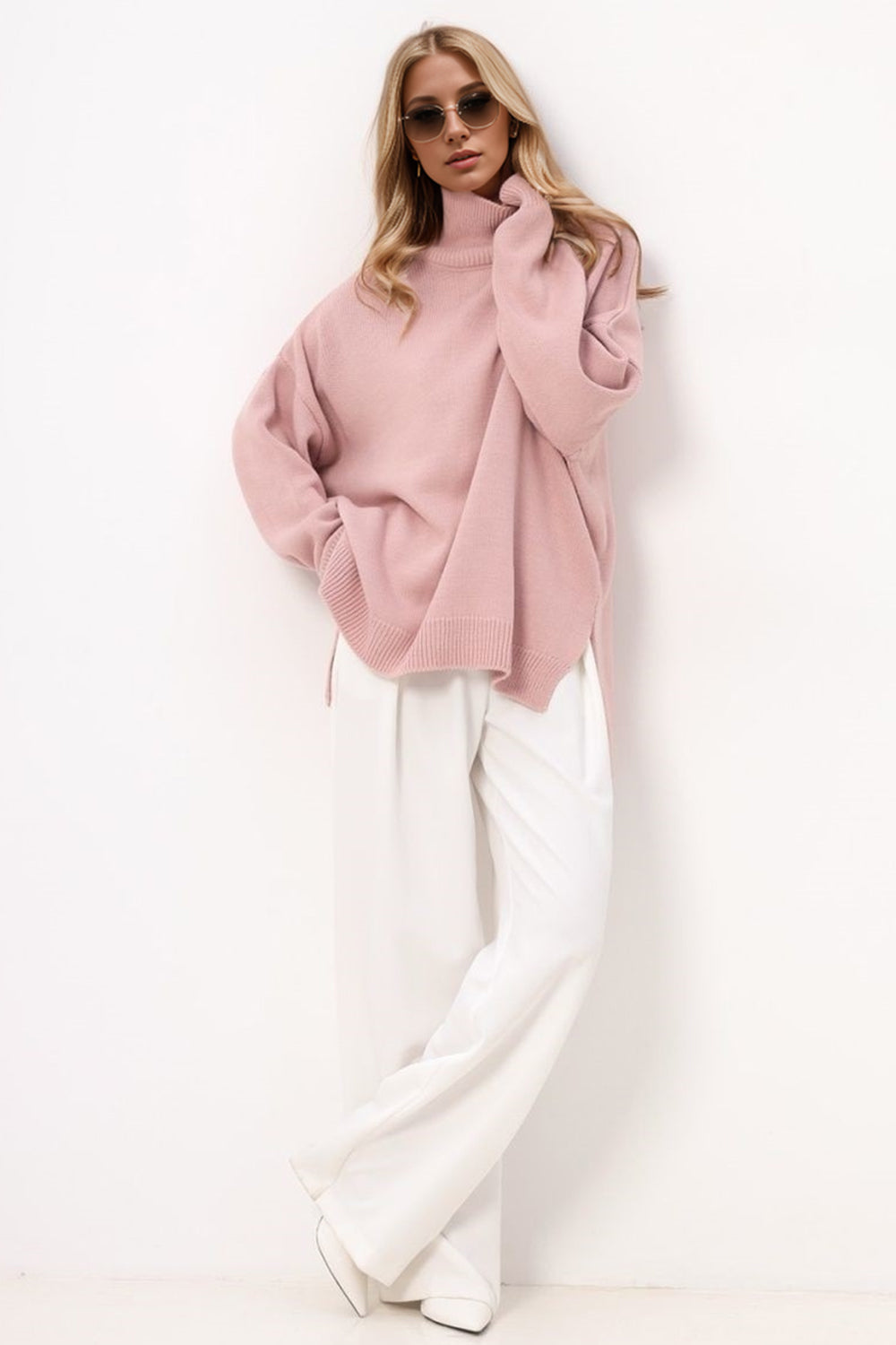 Side Slit Turtleneck Long Sleeve Sweater- 5 Colors (Khaki, Royal Blue, Dust Storm, Dusty Pink, Light Blue)