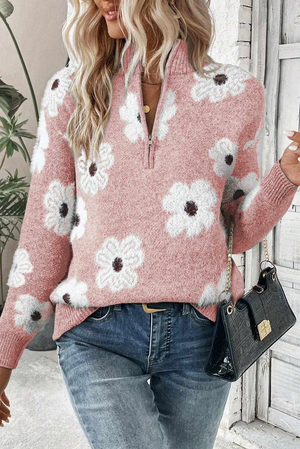 4 Colors- Floral Half Zip Long Sleeve Sweater