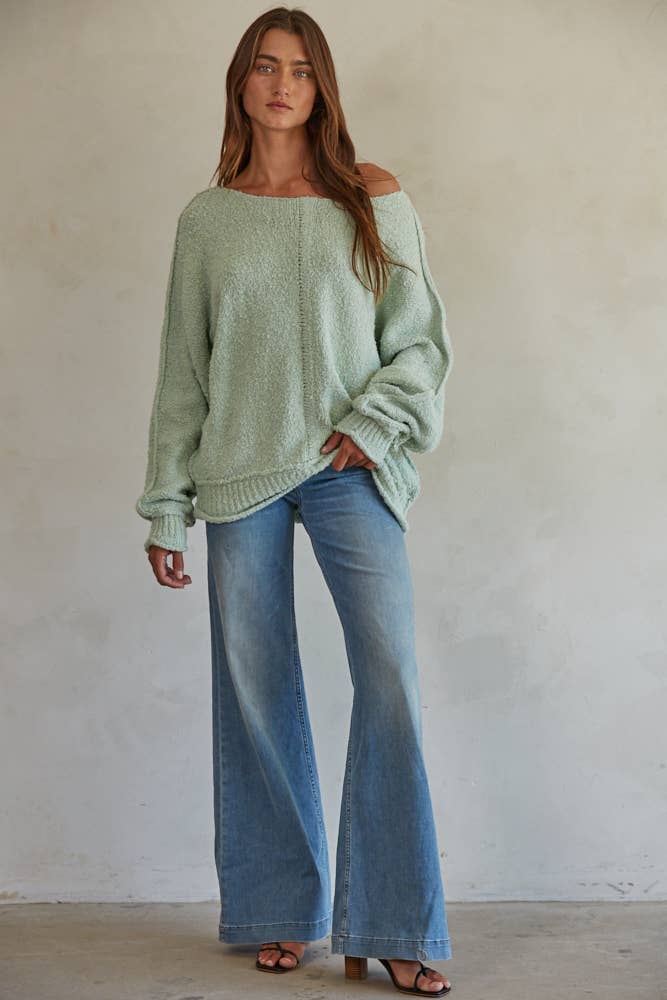 W1768 | Knit Sweater Cotton Nylon Boat Neck Pullover: Dusty Mint / S