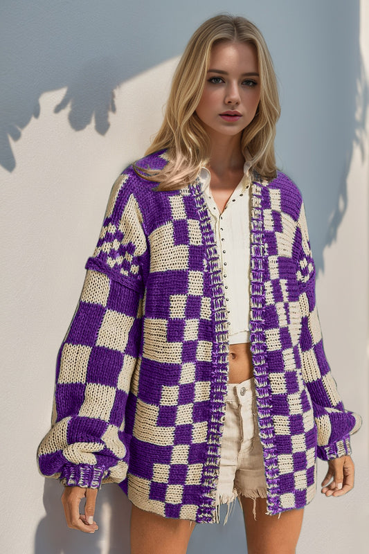 Beauty & Brains Checkered Cardigan- Purple