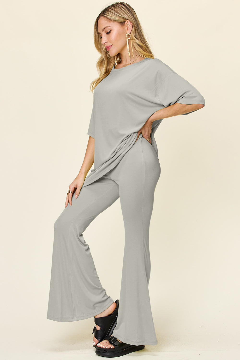 Drop Shoulder T-Shirt and Flare Pants Set- 6 Colors (Black, Mocha, Dusty Pink, Light Grey, Lavender, Deep Red)