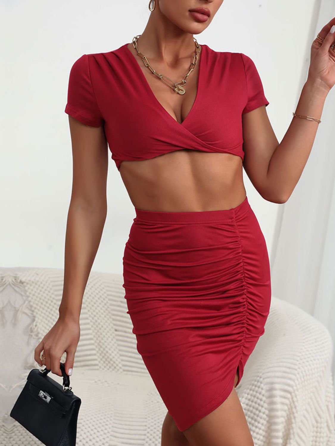 Perfee Twisted Deep V Cropped Top and Ruched Skirt Set