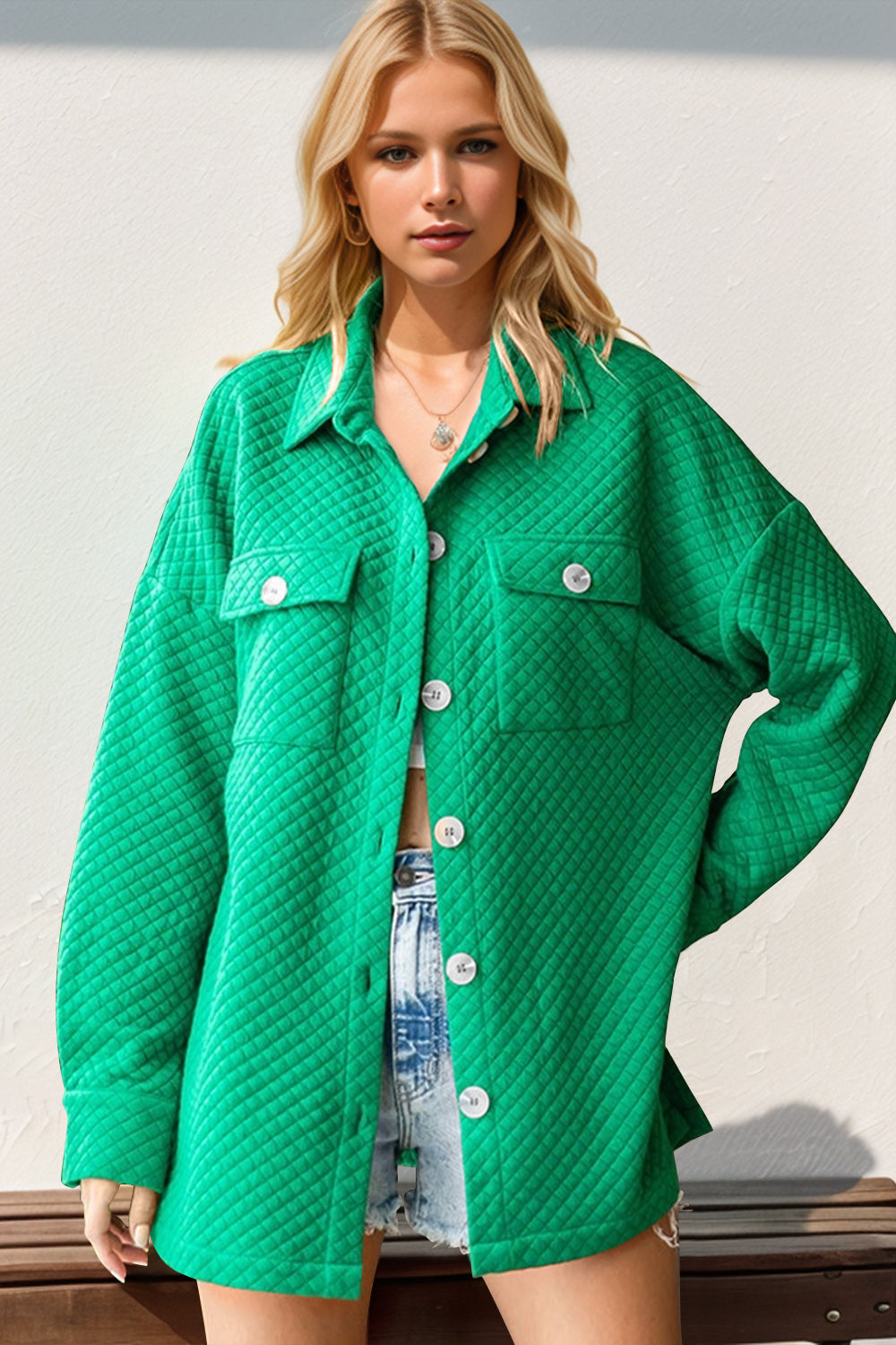 Textured Button Up Drop Shoulder Shacket- Green