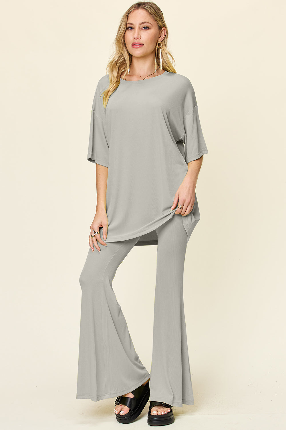 Drop Shoulder T-Shirt and Flare Pants Set- 6 Colors (Black, Mocha, Dusty Pink, Light Grey, Lavender, Deep Red)