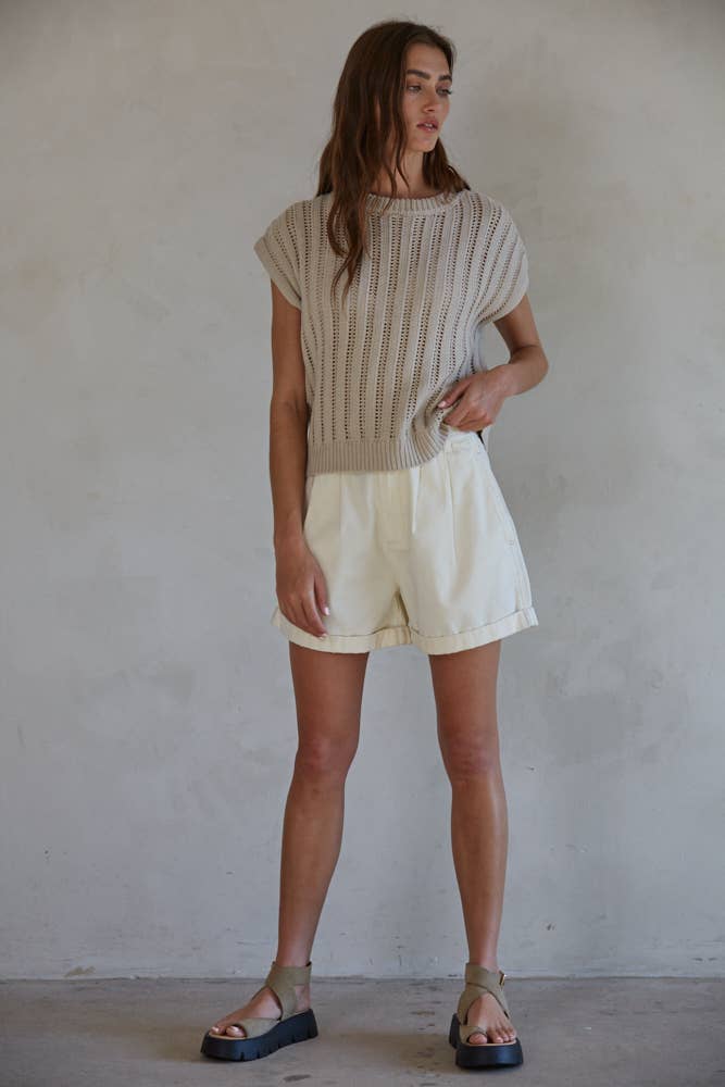 W1503 | Knit Sweater Round Neck Short Sleeve Top: Taupe Grey / S