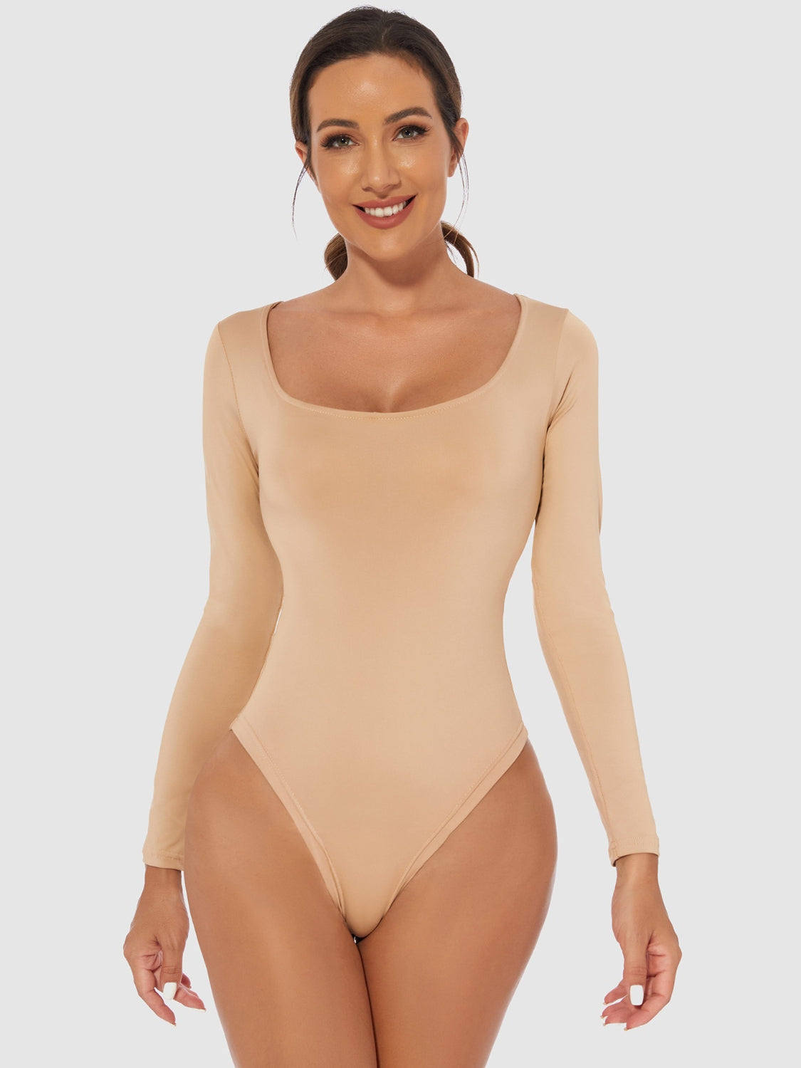 4 Colors - Scooped Long Sleeve Bodysuit- (White, Black, Brown, Tan)