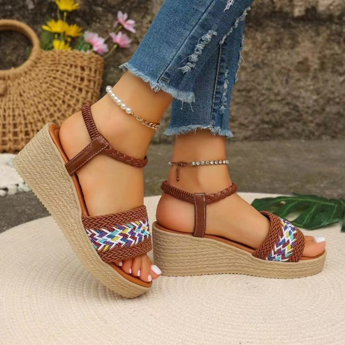 2 Colors- Open Toe Wedge Woven Sandals