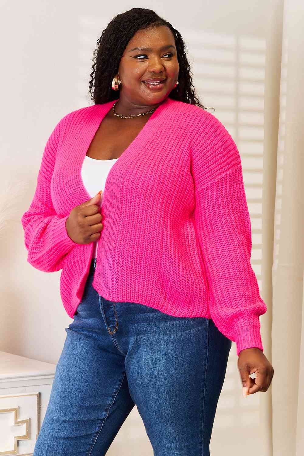 ~Deep Pink Drop Shoulder Cardigan