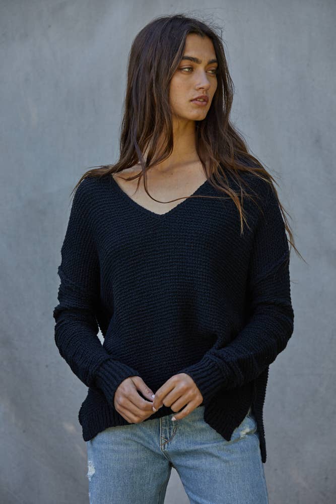 W1289 | Knit Sweater V-Neck Long Sleeve Top: Mocha / S