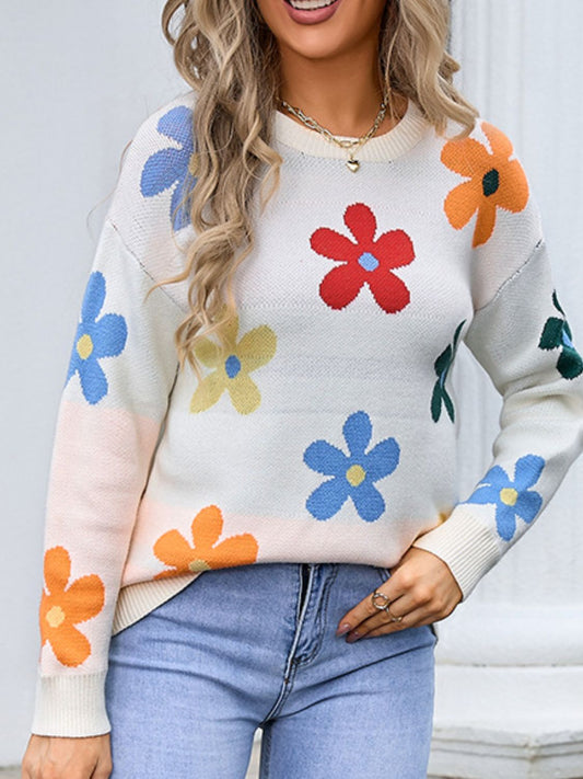 Flower Long Sleeve Sweater- 3 Colors (White, Black, Apricot)