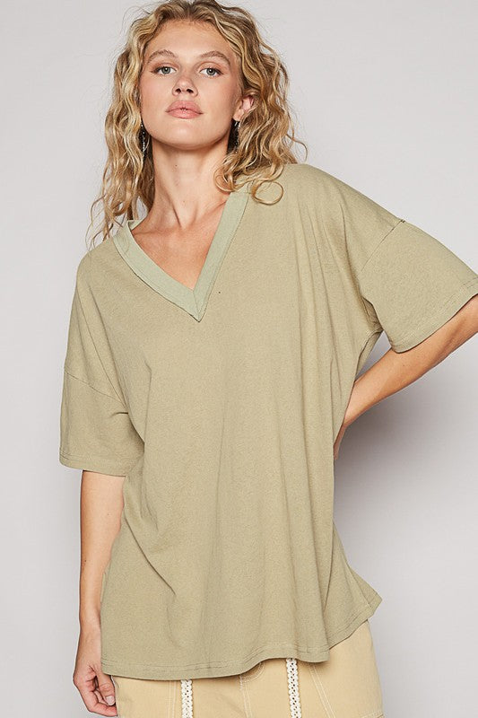 POL V-Neck Half Sleeve T-Shirt- Moss
