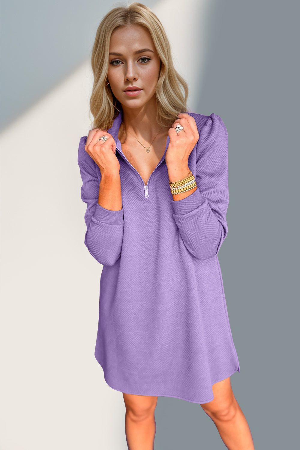 Textured Quarter Zip Long Sleeve Dress- 5 Colors (Blue, Lavender, Khaki, Green, Cream)