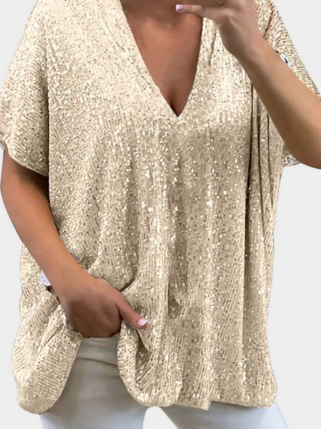 Sequin V-Neck Top - 9 Colors - Champagne, Silver, Rose Gold, Black, Ruby, Brass, Sapphire, Deep Rose, Amethyst