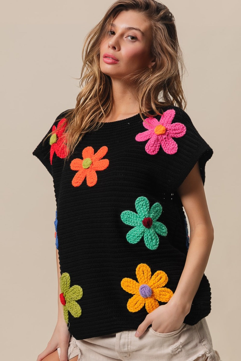 BiBi Flower Cap Sleeve Knit Top