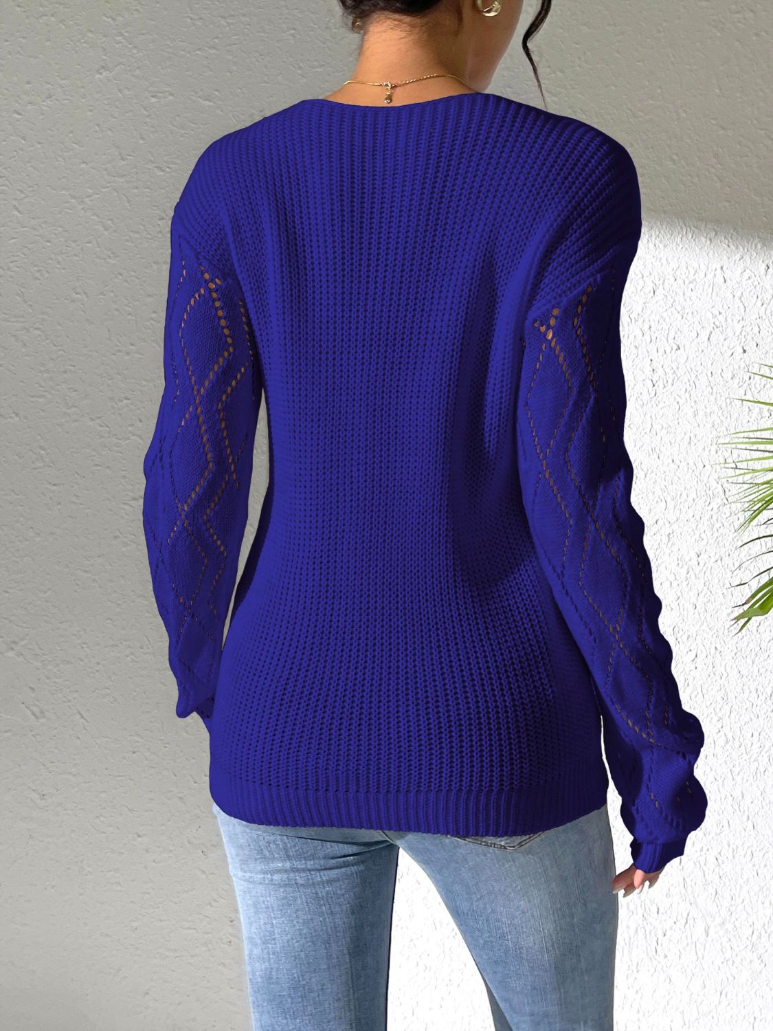 Openwork V-Neck Long Sleeve Sweater- 5 Colors (White, Black, Dark Blue, Strawberry, Lime)