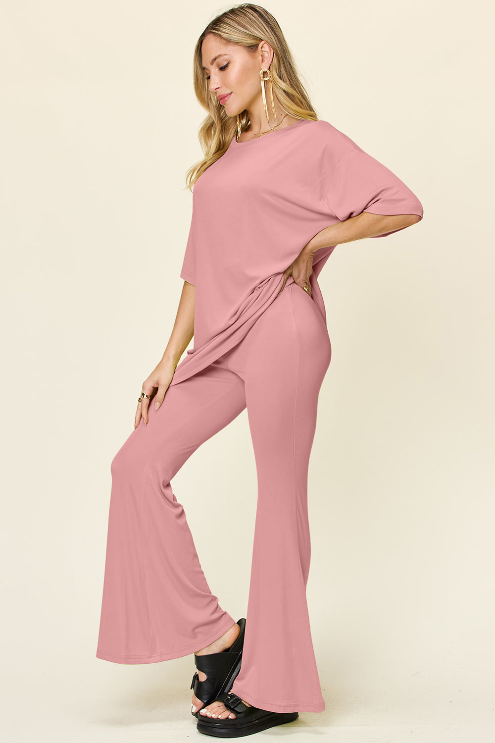 Drop Shoulder T-Shirt and Flare Pants Set- 6 Colors (Black, Mocha, Dusty Pink, Light Grey, Lavender, Deep Red)