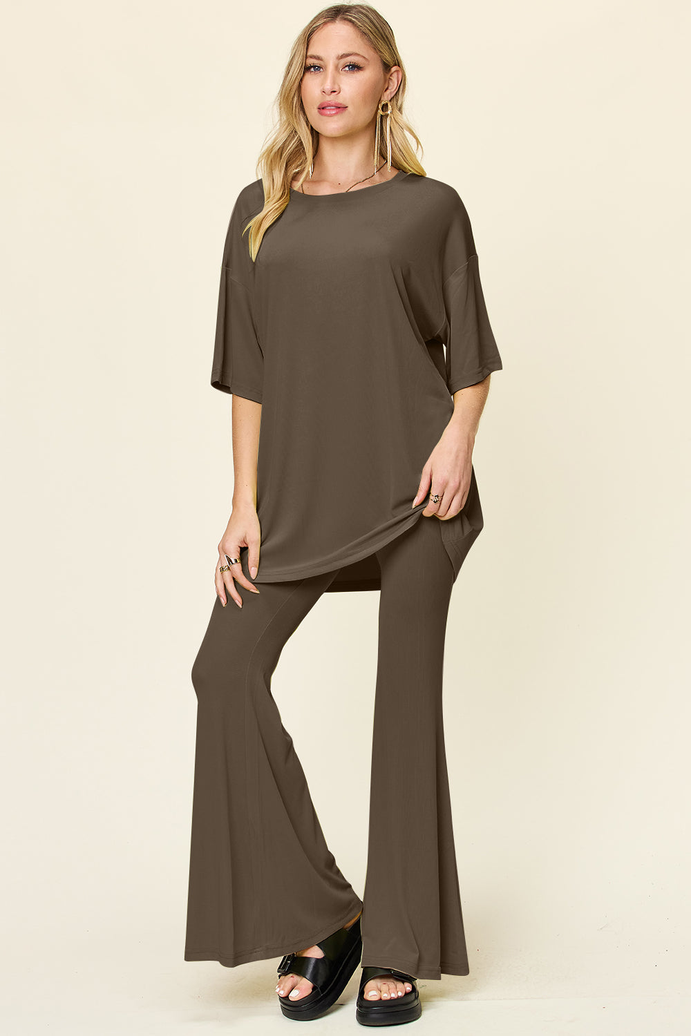 Drop Shoulder T-Shirt and Flare Pants Set- 6 Colors (Black, Mocha, Dusty Pink, Light Grey, Lavender, Deep Red)