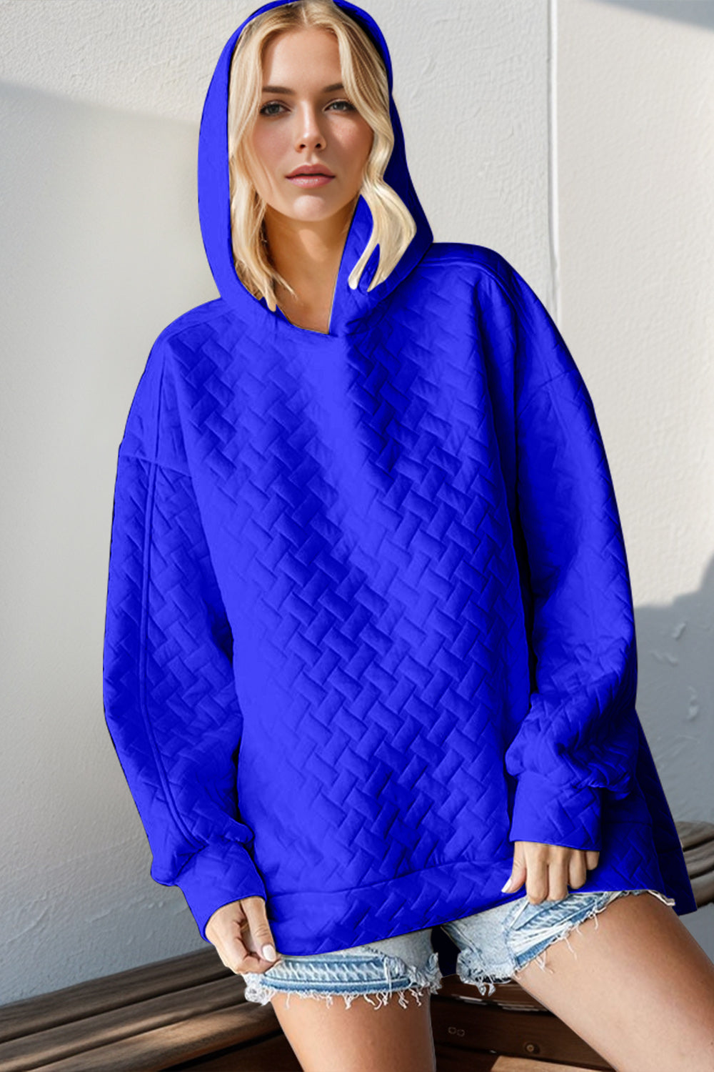 Texture Drop Shoulder Hoodie- Royal Blue